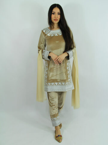 Beige Stretch Fluweel Panjabi met Zilver Charma-AFGTRAD031