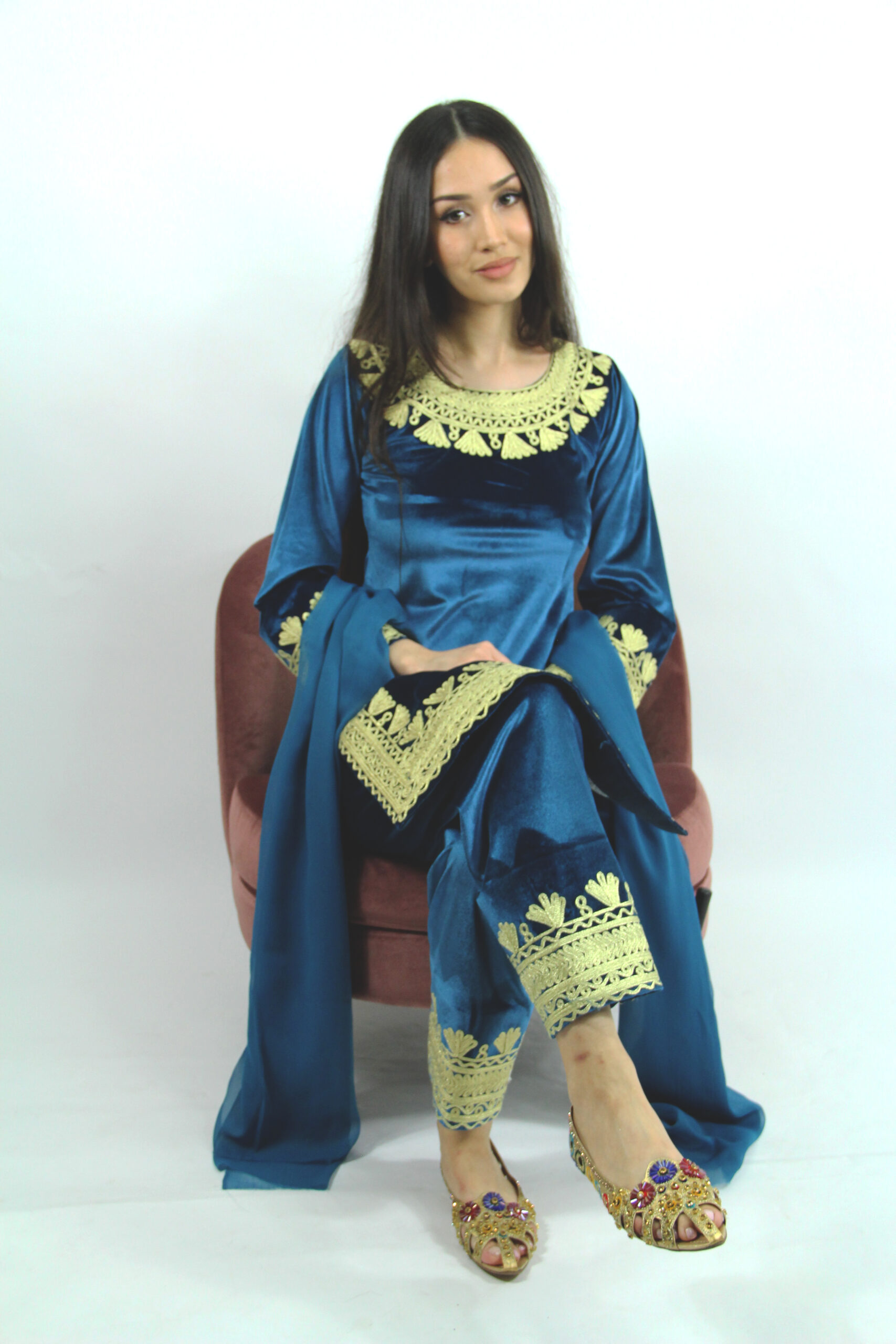 Blauwe Stretch Fluweel Panjabi met Goud Charma-2