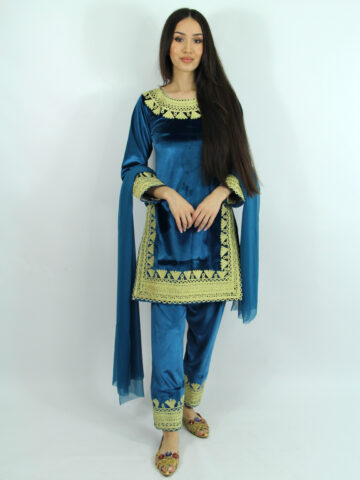 Blauwe Stretch Fluweel Panjabi met Goud Charma