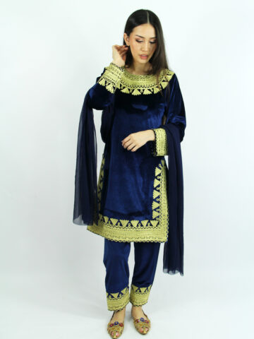 Donkerblauwe Stretch Fluweel Panjabi met Goud Charma-AFGTRAD030