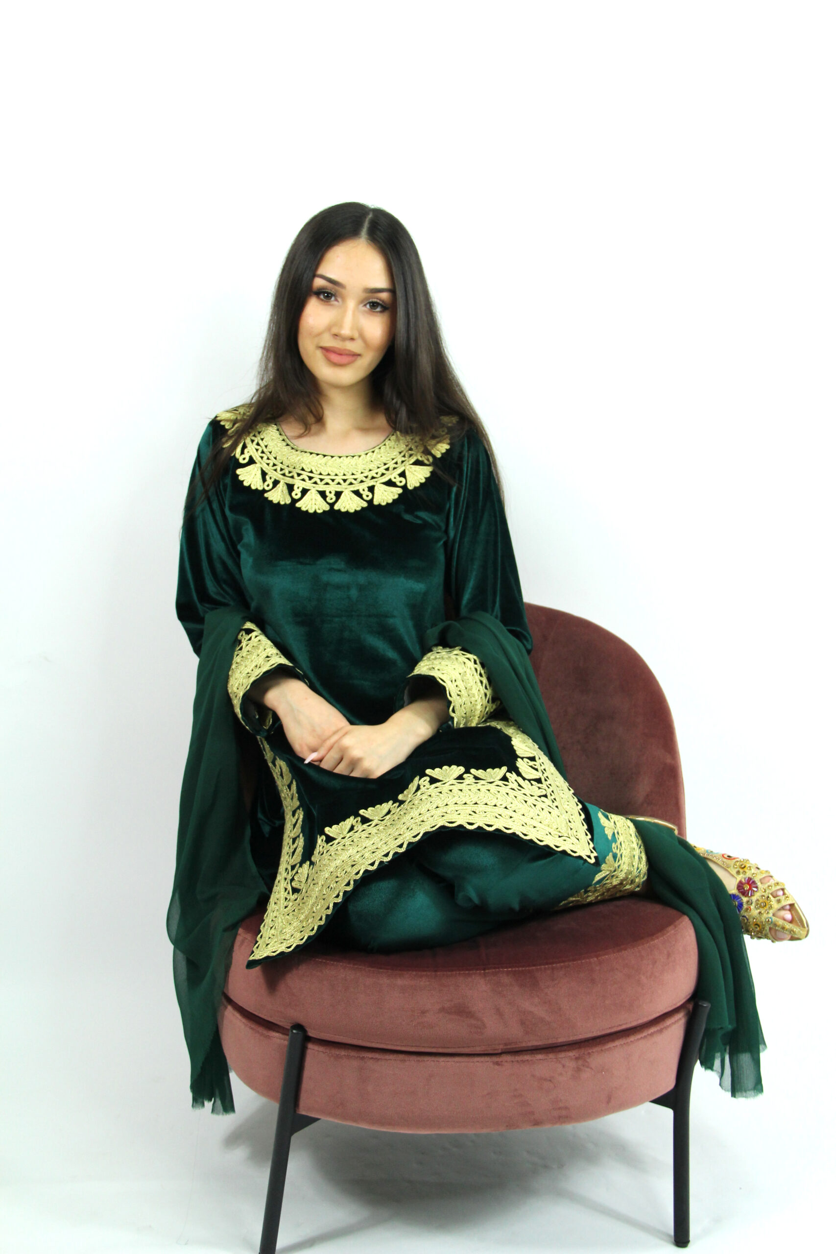 Groen Stretch Fluweel Panjabi met Goud Charma-AFGTRAD033-2