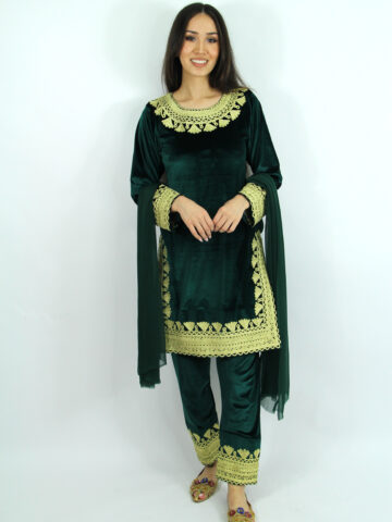 Groen Stretch Fluweel Panjabi met Goud Charma-AFGTRAD033